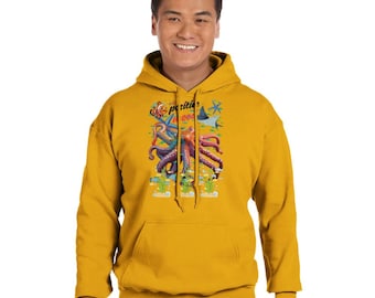 May include: A yellow hooded sweatshirt with a colourful octopus graphic and the text "What's periti's mood?" printed on the front.