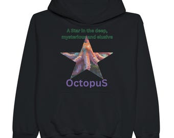 May include: Black hooded sweatshirt with a five-pointed star design featuring an octopus. The text "A Star in the deep, mysterious and elusive Octopus" is printed on the sweatshirt.
