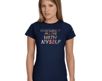 May include: A navy blue t-shirt with a colourful graphic that reads "Confidently in love with myself".