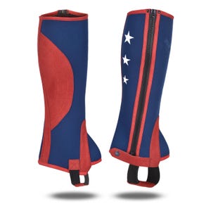 May include: A pair of blue and red equestrian riding boots with a zipper on the side and white stars on one boot.