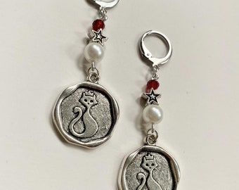Quirky cat charm, star, bead and pearl silver earrings cute unique gift