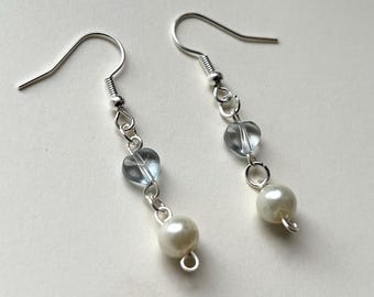 Blue glass heart and pearl beaded drop earrings silver