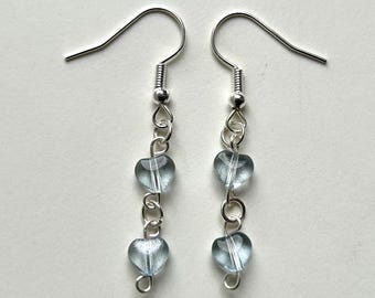 Dainty blue frosted glass heart drop earrings