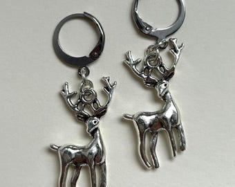 Silver deer stag reindeer charm huggie hoop earrings
