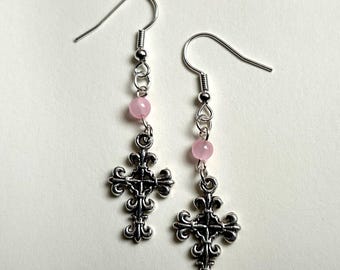 Pink glass bead and silver cross drop earrings
