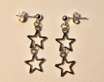 Double silver star charm earrings cute gift celestial