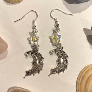 Iridescent glass star silver moon earrings unique gift