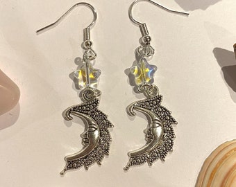 Iridescent glass star silver moon earrings unique gift