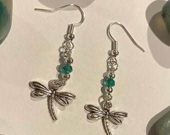 Green glass beaded silver dragonfly drop earrings boho witchy gift