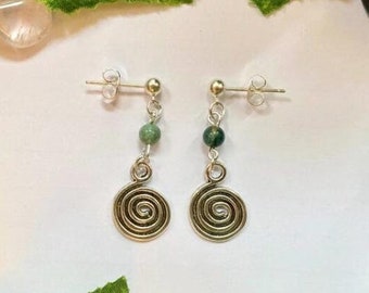 Silver swirl/spiral moss agate drop earrings, boho gift cute