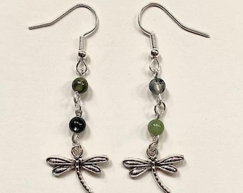 Dragonfly moss agate crystal silver drop earrings unique gift