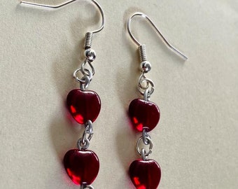 Dark red glass heart bead drop earrings cute gift