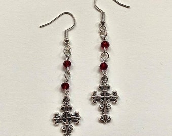 gothic dark red bead and silver cross earrings