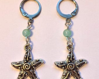 Antique swirl silver starfish/seastar and jade beaded earrings