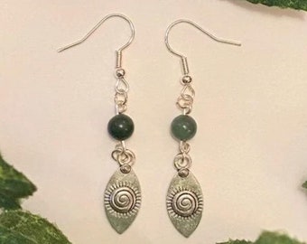 Silver swirl drop moss agate earrings boho charm