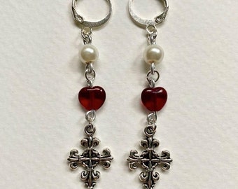 Gothic red heart pearl huggie hoop cross earrings