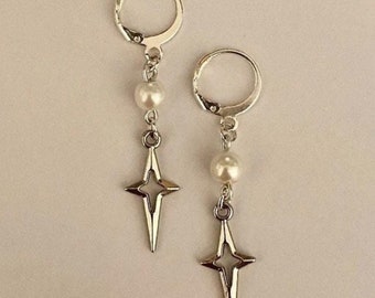 Falling star drop huggie hoop pearl bead silver earrings gift