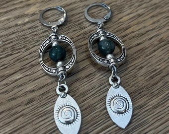 Moss agate and boho swirl charm drop earrings hippie gift