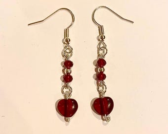 Dark red rondelle bead glass heart drop earrings cute gift