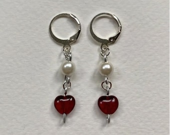 Glass heart and pearl hoop earrings Christmas gift