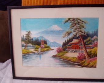 Old Silk Thread Embroidery Scene Framed