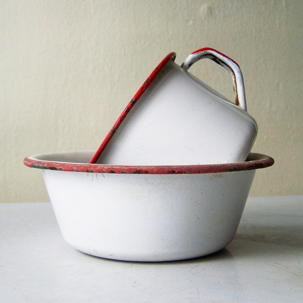 Red Tipped Enamelware Bowl and Cup