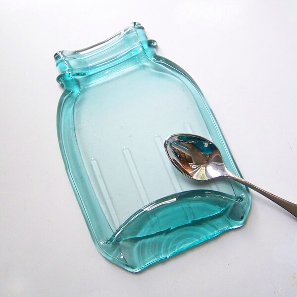 Vintage Ribbed Quart Melted Mason Jar, blue spoon rest, butter dish, serving tray from recycled Ball quart jar, gift box included