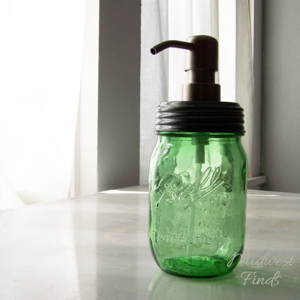 Lime Green Mason Jar Soap or Lotion Dispenser, a modern Ball Mason jar pint with rust fighting metal pump lid