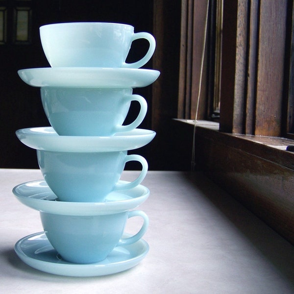 Set of 4 Cups and Saucers, Fire King Turquoise