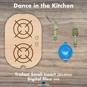 Puede incluir: Un recorte de madera de una estufa con dos quemadores y perillas, un tazón azul, una espátula verde y un cuchillo verde. El recorte está etiquetado como "Dance in the Kitchen" y "Trofast Small Insert (20x28cm)". El texto "Digital files: SVG" también está incluido.