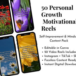 50 Personal Growth Reels Canva Templates | Motivational Mindset Content (Digital Download)