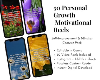 50 Personal Growth Reels Canva Templates | Motivational Mindset Content (Digital Download)