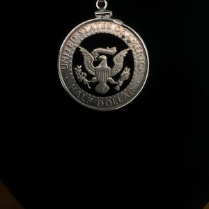 Hand Carved Silver USA Kennedy half dollar Necklace Coin Jewelry