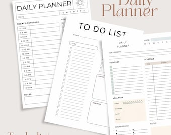 May include: A collection of white paper daily planners and to-do lists. The planners feature sections for scheduling, to-do lists, meal plans, and notes. The text "Daily Planner" and "To Do List" are visible.