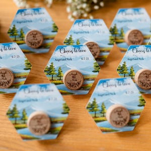 Provence birthday party favors in bulk, custom engraved wine bottle corks, outdoor wedding guests gifts, keepsake thank you cards