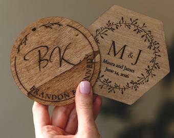 Monogrammed wedding favors in bulk, personalized engraved coasters, rustic birthday party favor, classic wedding table decor