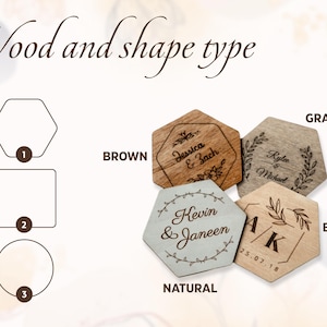 May include: Wooden hexagon-shaped coasters in brown, gray, natural, and beige. Each coaster is engraved with names and dates. The image also shows the different shapes available: hexagon, square, and circle.