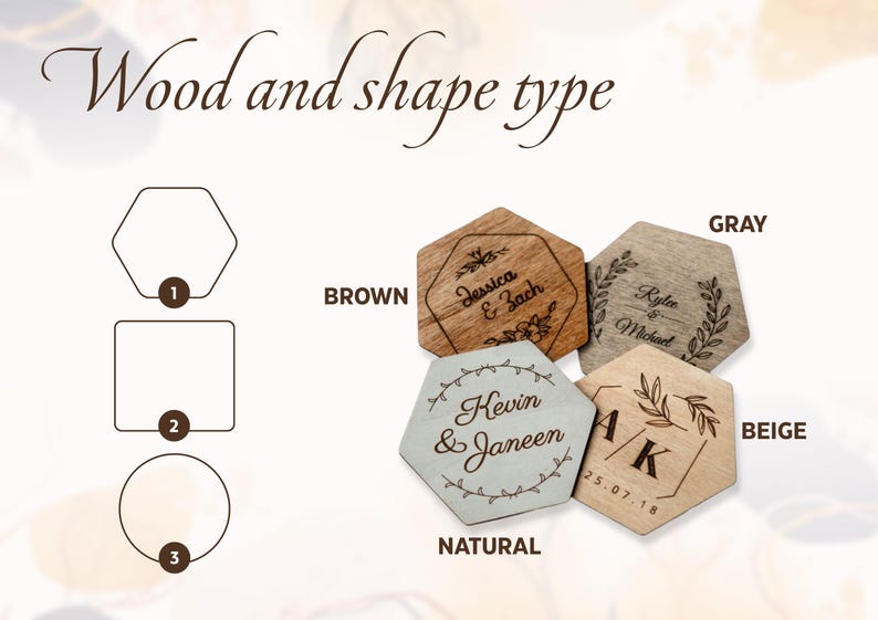 May include: Wooden hexagon-shaped coasters in brown, gray, natural, and beige. Each coaster is engraved with names and dates. The image also shows the different shapes available: hexagon, square, and circle.