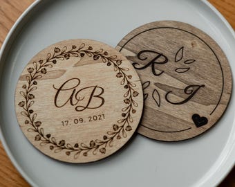 Personalized wooden coasters in bulk, rustic bachelorette party decor, outdoor wedding keepsake gifts, rehearsal dinner save the date