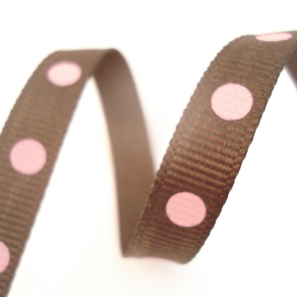 5 yards - 3/8 Brown Grosgrain Ribbon With Pink Polka Dots