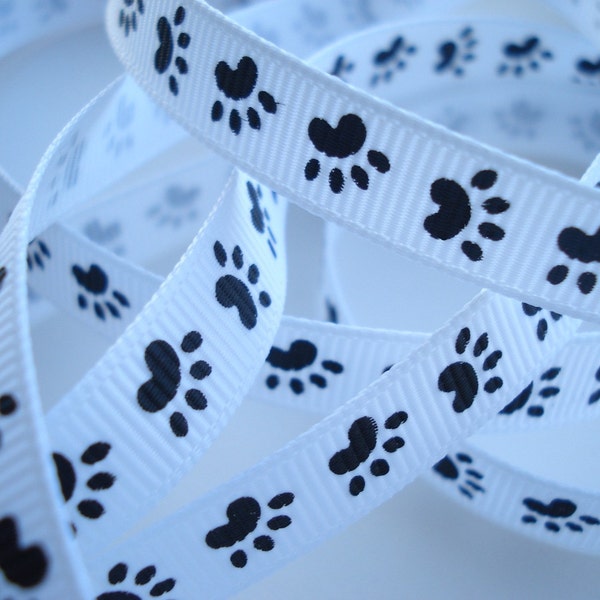 2 1/2 yards - Puppy/ Cat/ Animal Paw Print Grosgrain Ribbon - Black and White - 3/8 inch wide