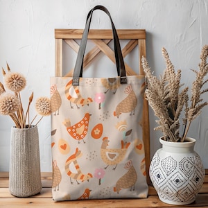 Boho Chickens Tote Bag, Cute Chicks Farm Bag, Chicken Lover Bag, Farm Animal Market Tote, Aesthetic Canvas Bag, Gift for Chicken Farmer