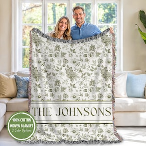 Regalo de inauguración personalizado, manta tejida con el nombre de la familia de los abuelos, manta de toile azul personalizada para la abuela, manta floral para mamá, recuerdo de boda