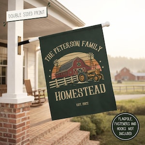Custom Homestead Banner, Farmhouse Flag, Personalized Family Farm Sign, Red Barn Tractor Garden Decor, Gift for Dad Farmer