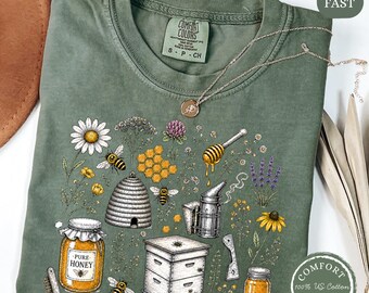 Vintage Bee Botanical T-Shirt, Honeycomb Doodle Shirt, Unique Honey Bees TShirt, Beekeeper Tee, Bee Lover Gift, Bumblebees Wildflower Shirt