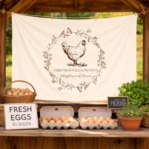 Custom Farm Stand Banner, Customized Tapestry for Farmers Market or Small Business, Fresh Eggs Sale Sign, Vendor Table Runner, Logo Backdrop