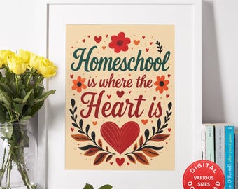 May include: A framed print with the text "Homeschool is where the Heart is" in a decorative font. The design includes red hearts, flowers, and leaves on a cream background. A red circle with text is in the lower right corner.