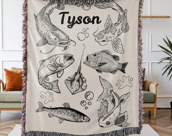 Regalo para pescador, manta personalizada para amantes de la pesca, acogedora manta tejida con peces para papá pescador, regalo para el Día del Padre, manta de la casa del lago