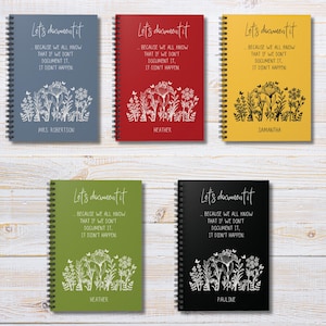 May include: Spiral-bound notebooks in various colors, including blue, red, yellow, green, and black. Each notebook features the text "Let's document it" and a floral design. The names "Mrs. Robertson", "Heather", "Samantha", and "Pauline" are printed on the covers.