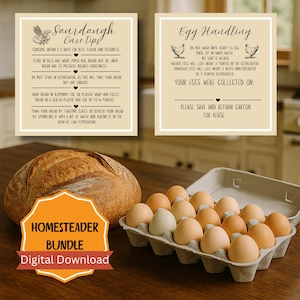 Peut inclure: Image avec un pain au levain, une boîte d'œufs et deux panneaux d'information. Les panneaux fournissent des conseils d'entretien pour le levain et des instructions de manipulation des œufs. Une étiquette de téléchargement numérique est également présente.